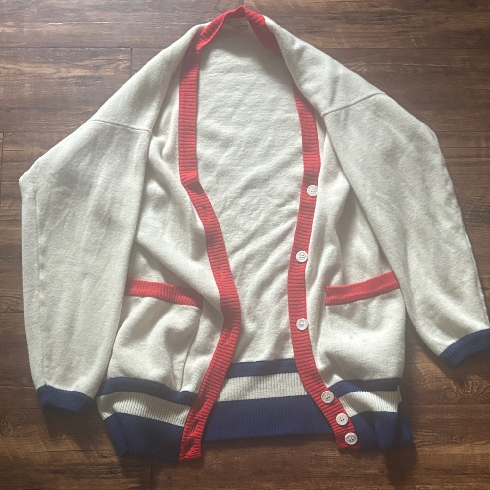 Liz Claiborne White Cardigan with Red and Blue Accents